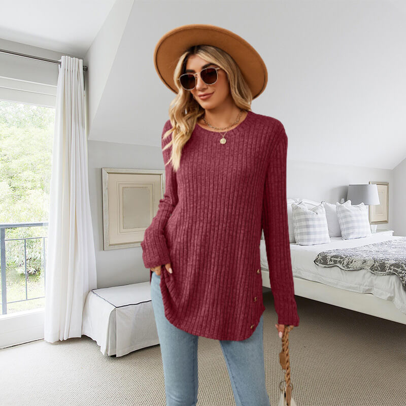 O-hals Loose Gebreide Blouse Lange Mouwen Voor Vrouwen