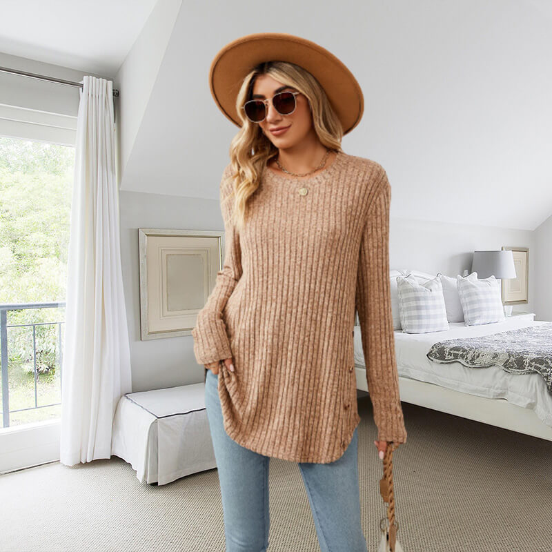 O-hals Loose Gebreide Blouse Lange Mouwen Voor Vrouwen