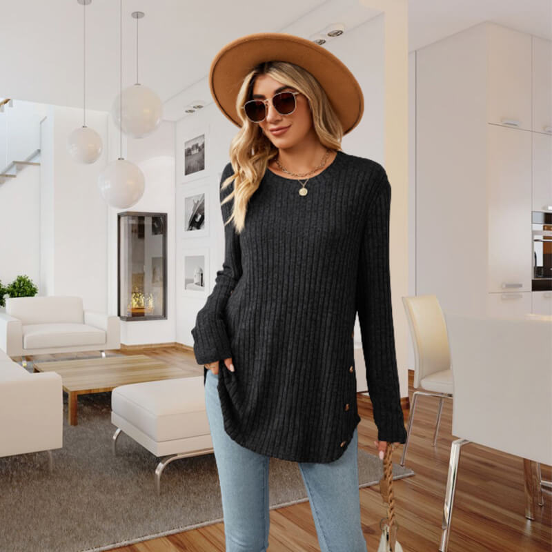 O-hals Loose Gebreide Blouse Lange Mouwen Voor Vrouwen